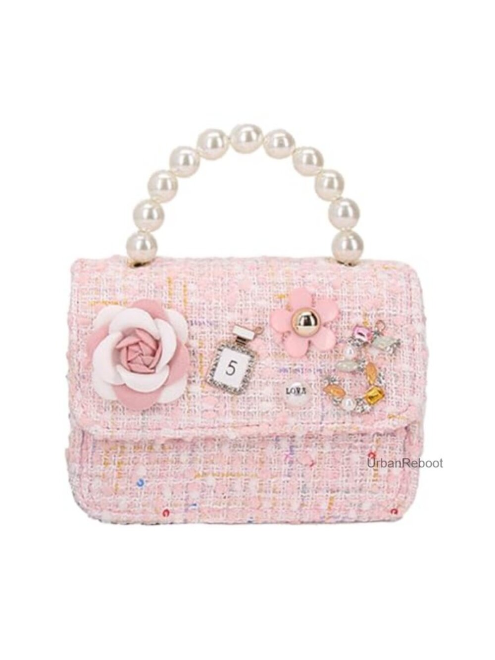 Girls Floral Crossbody Bag Faux Leather Mini Chain Pearl Handle Purse